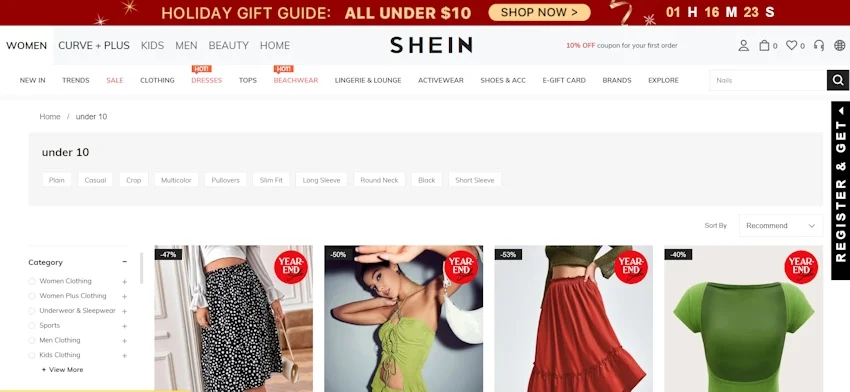 screenshot of shein website