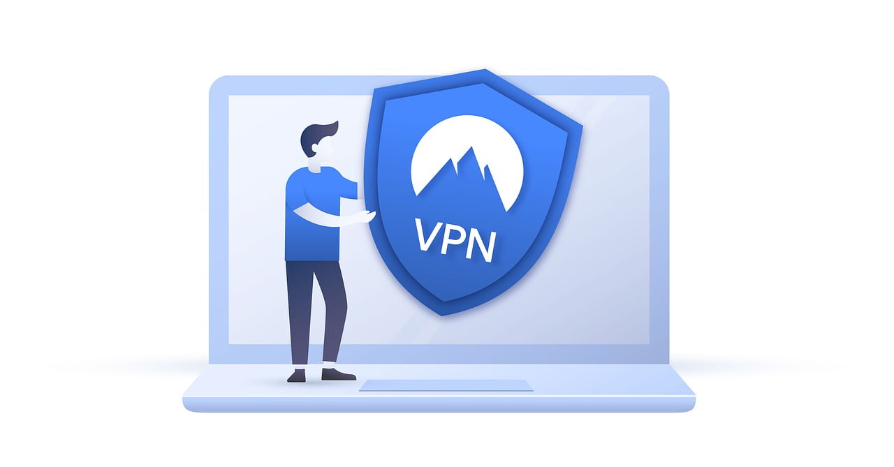 An illustration of a PC and a man holding a logo of a VPN