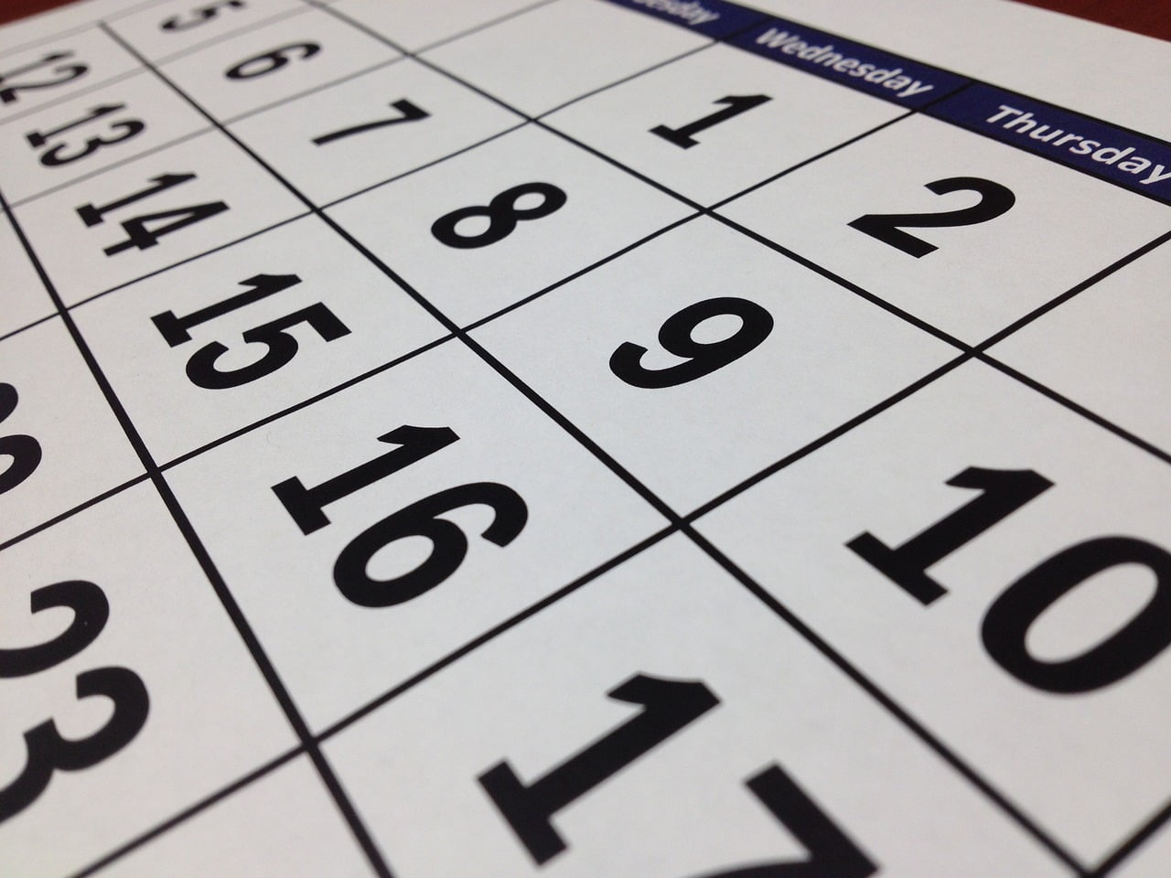 A photo of a calendar's dates