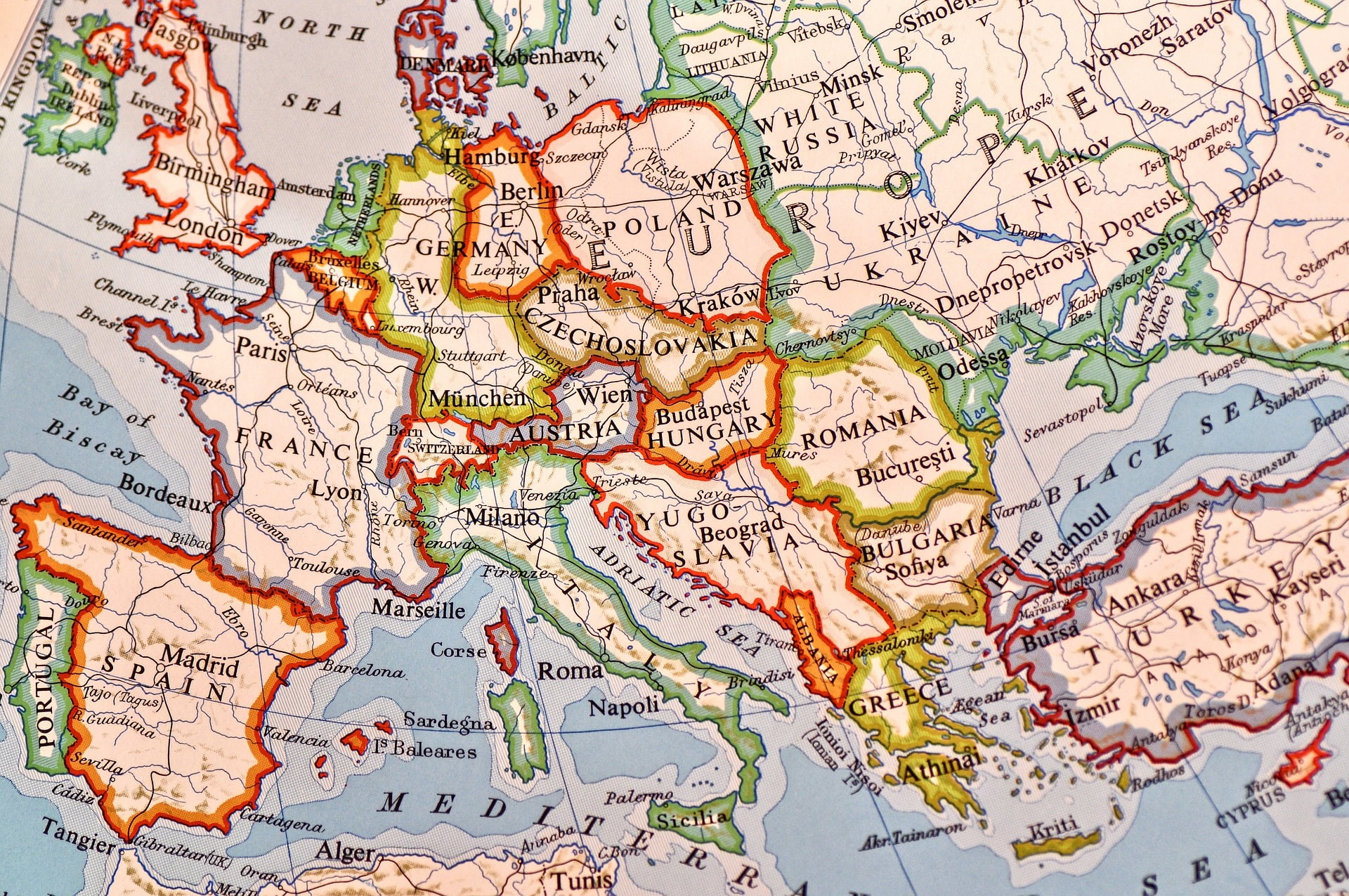 A photo of a map of Europe